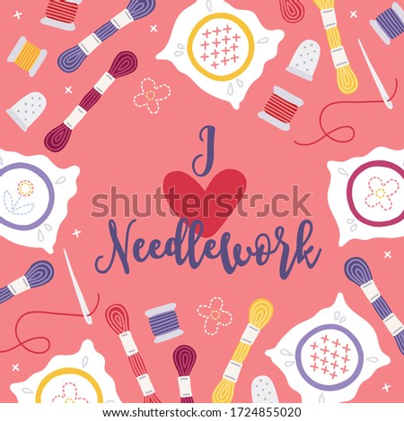 Greeting card with cross stitch, threads, thimble, hoop, embroidery, needles isolated on pink background. Vector frame. Needlework concept in cartoon style. 