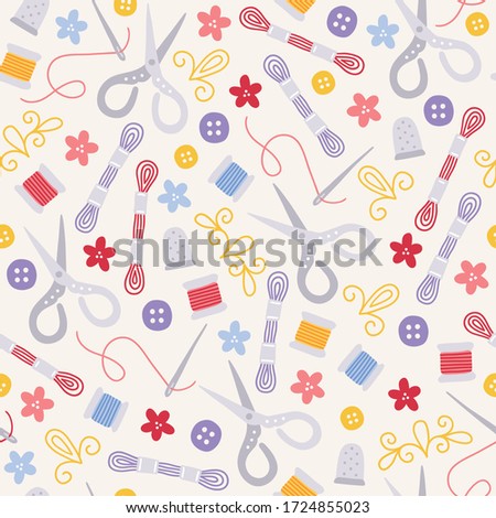 Seamless pattern with needle, button, embroidery, scissors, thimble, flower, thread on beige background. Perfect for handmade work, wallpaper, gift paper, textile, texture. Vector illustration
