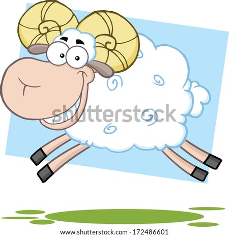 White Ram Sheep Cartoon Mascot Character Jumping. Raster Illustration 