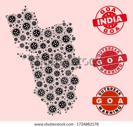Outbreak combination of virus mosaic Goa State map and rubber seal stamps. Vector red imprints with distress rubber texture and Outbreak Warning caption.