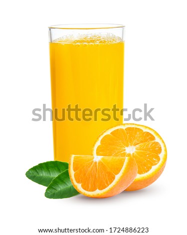 Fresh orange juice in glass or bottle with fruits, isolated on white Royalty-Free Stock Photo #1724886223