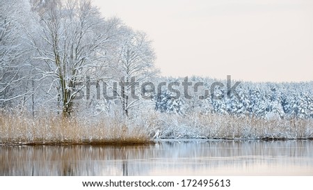 Beautiful winter lake landscape in Latvia
