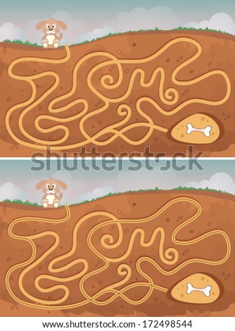 Cute Dog's Maze Game (help the dog find his buried bone) Maze puzzle with solution, vector illustration