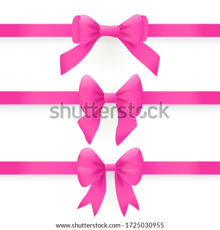 Pink bows and ribbons isolated on white background. Vector cartoon rose satin tape, shiny silk knot for birthday or christmas gift box. Set of horizontal pink ribbons with bows