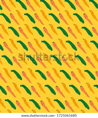 Colourful seamless pattern with cute kawaii carrots and  zuccini on yellow background. Hand drawn vector illustration, Healthy  vegetables. Funny summer doodle art print.