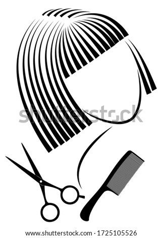 Silhouette of a cute lady. The girl shows a hairstyle on medium and long hair and scissors. Suitable for logo, hairdresser advertising. Vector illustration.