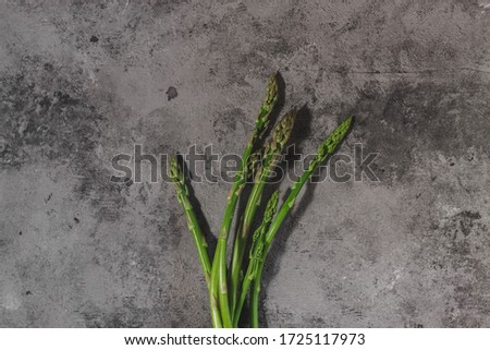 Some fresh green home grown asparagus on the grey dark textured concrete background. Free copy space. Top view. Healthy food