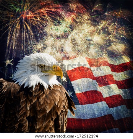Composite photo of a Bald Eagle with a flag and fireworks in the background. Nice patriotic image for Independence Day, Memorial Day, Veterans Day and Presidents Day.