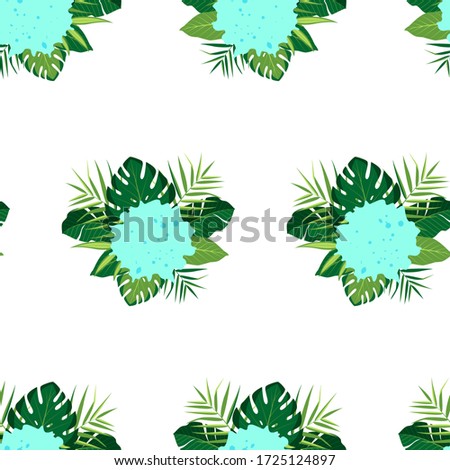 Tropical pattern with palm leaves and blue paint spot. Vector illustration of summer on white background. Seamless exotic wallpaper. For web design, banners, scrapbooking, printing on fabric, wrapping