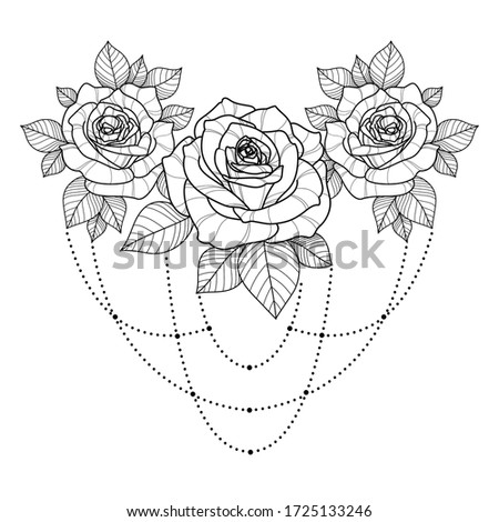 Hand drawing roses flower with leaves for greeting card, invitation, Henna drawing and tattoo template. Rose tattoo. Vector illustration