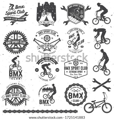 Set of bmx extreme sport club badge. Vector. Concept for shirt, logo, print, stamp, tee with man ride on a sport bicycle. Vintage typography design with bmx cyclist, bmx sprocket and chain silhouette.
