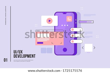 Mobile UI/UX development design concept. Smartphone with interface elements. Digital industry. Innovation and technologies. Mobile app. Vector flat illustration for web page, banner, presentation. Royalty-Free Stock Photo #1725175576