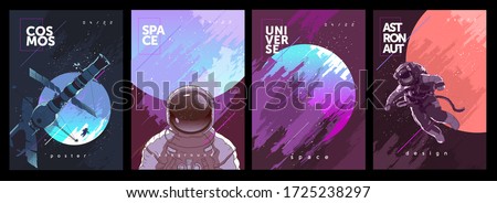 A set of vector illustrations. Posters and backgrounds about the space and the universe. Space odyssey, space, astronaut, planets. Royalty-Free Stock Photo #1725238297