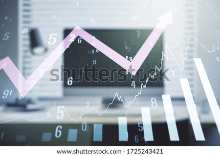 Abstract creative financial graph with upward arrow on modern laptop background, forex and investment concept. Multiexposure