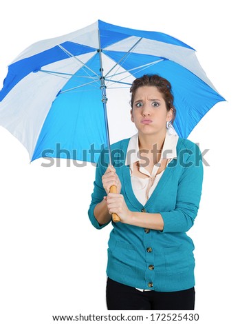 Closeup portrait of unhappy sad woman holding umbrella, ready for rainy day, isolated on white background. Human face expression, emotion, attitude, situation perception, reaction. Financial decisions