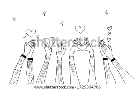 hand drawn of hands up. hands clapping. Concept of charity and donation. Give and share your love to people. hands gesture on doodle style, vector illustration