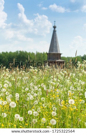 wooden temple on the summer meadow