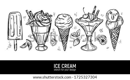 Set of hand drawing realistic ice cream. Sweet  deserts collection.  Royalty-Free Stock Photo #1725327304