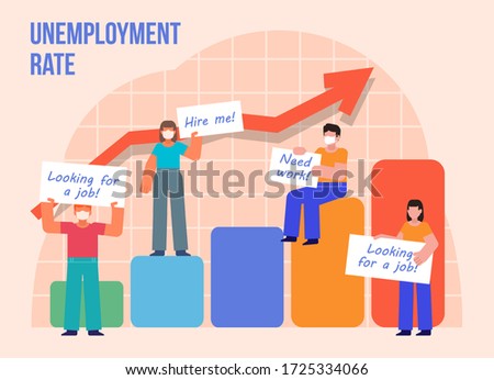 People search for job and stand near growing chart. Unemployment rate increase banner. Minimal design vector illustration