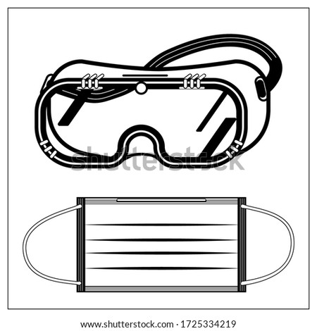 Set of vector illustration with outlines of medical protective fabric mask and safety glasses, goggles. Stylized drawing for your web site design, logo, app, UI. Isolated stock illustration on white