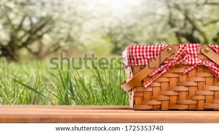 Picnic basket on a table against the background of nature. Rest and summer mood. Departure for a picnic on the weekend or vacation. Royalty-Free Stock Photo #1725353740