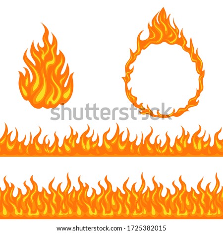 Fire and flame. Set of design elements isolated on white background. Vector cartoon bonfire, horizontal seamless border and flame round ring. Simple flat style.