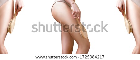 Banner woman doing a massage against cellulite with a body brush on a white background close-up. Space for text.  Self-care. Weight loss and body care concept. Healthy lifestyle.