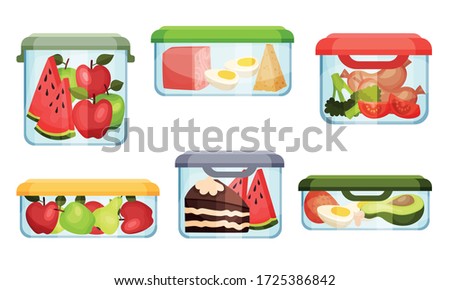 Different Food in Plastic or Glass Containers Vector Set Royalty-Free Stock Photo #1725386842
