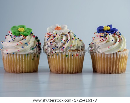 A  closeup picture of colorful cupcakes decorated with flowers against a white background - perfect for patisserie  shops
