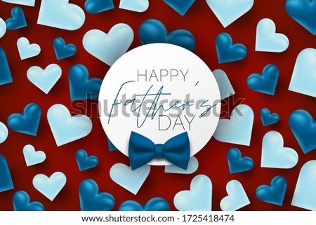 Happy Father's Day sale banner. Blue tie bow and hearts on red background. Vector illustration.