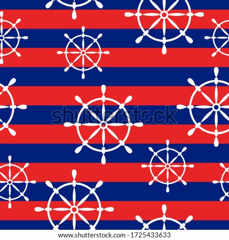 Seamless pattern with red wheels on striped background. Simple flat design. Sea and ocean. Maritime equipment. Ship and boat. For postcards, scrapbooking, wallpaper textile and wrapping paper
