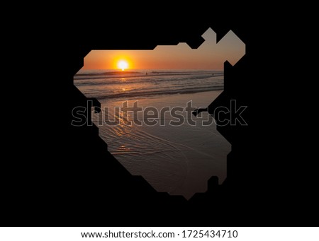 Concept, tourism, illustration with the contour of the map of the province of Cadiz with the image of sunset with reflections in the sand on the beach of Zahora, Cadiz, Andalusia, Spain