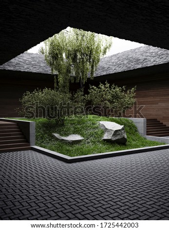 Isolated small garden in a building with overhead lighting, design concept.