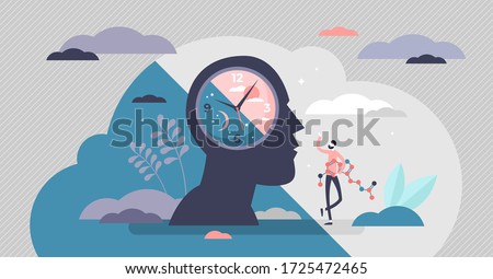 Circadian rhythm concept, tiny person vector illustration. Day and night cycle scheme. Daily human body inner regulation schedule. Natural sleep-wake biological process. Abstract head with a clock. Royalty-Free Stock Photo #1725472465