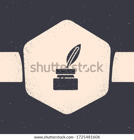 Grunge Feather and inkwell icon isolated on grey background. Monochrome vintage drawing. Vector Illustration