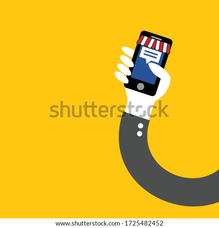 ้hand of business man holding application phone on yellow background vector : shopping online modern concept vector