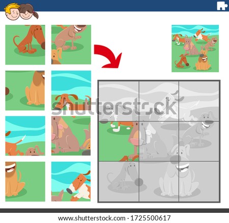 Cartoon Illustration of Educational Jigsaw Puzzle Game for Children with Happy Dogs and Puppies Animal Characters Group