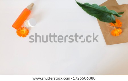 Facial body skin care cream, fresh calendula, chamomile flowers. Herbal cosmetic products. White background, top view.