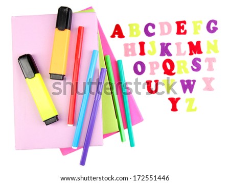 English alphabet, books and markers, isolated on white