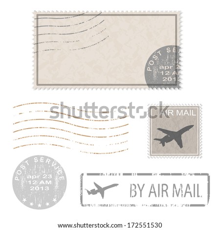 Set of postal business icons, stamps. Vector illustration.