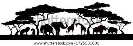 African safari animals and trees in silhouettes scene