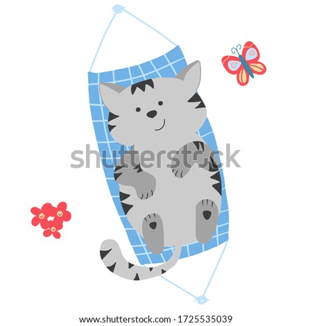 Grey cute Cat laying in hammock, butterflies and flowers around. Cartoon style. Vector isolated. 