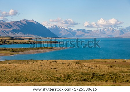 Panoramic picturesque view of Lake Tekapo, located on South Island in New Zealand