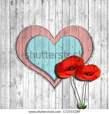 pink heart,poppies and wood background