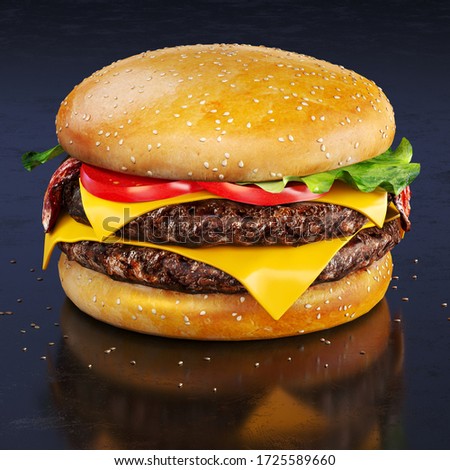 A picture of a Burger with two patties, bacon, cheese, lettuce and tomatoes