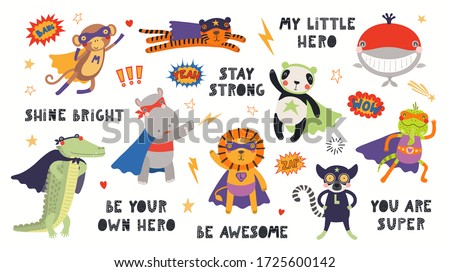 Big set of cute animal superheroes in masks, capes, flying, with quotes. Isolated objects on white background. Hand drawn vector illustration. Scandinavian style flat design. Concept for kids print.