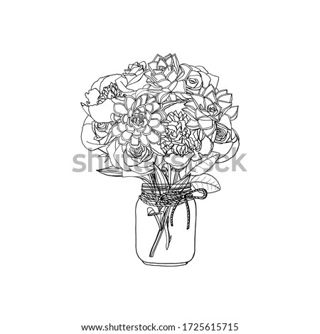 Hand drawn doodle style bouquet of different flowers, succulent, peony, rose. isolated on white background. stock vector illustration