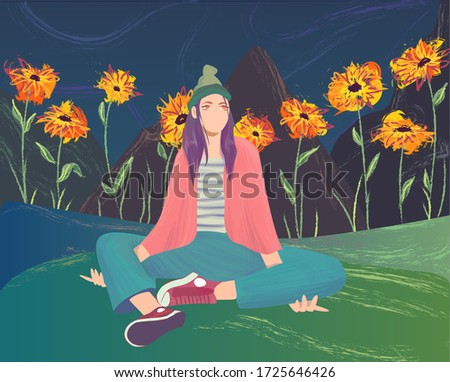 Girl sitting in a field of poppies. In the background are mountains. Beautiful landscape