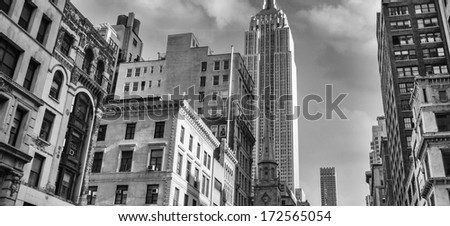 New York City. View of city buildings from the street.