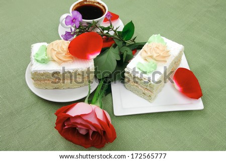 good morning : cake with whipped cream served with black coffee cup